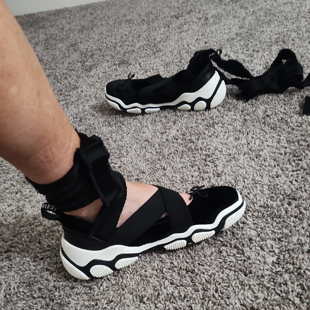 RED Valentino Black and White Chunky Sole Tie Ankle Ballerina Casual Sneakers - Picture 2 of 5